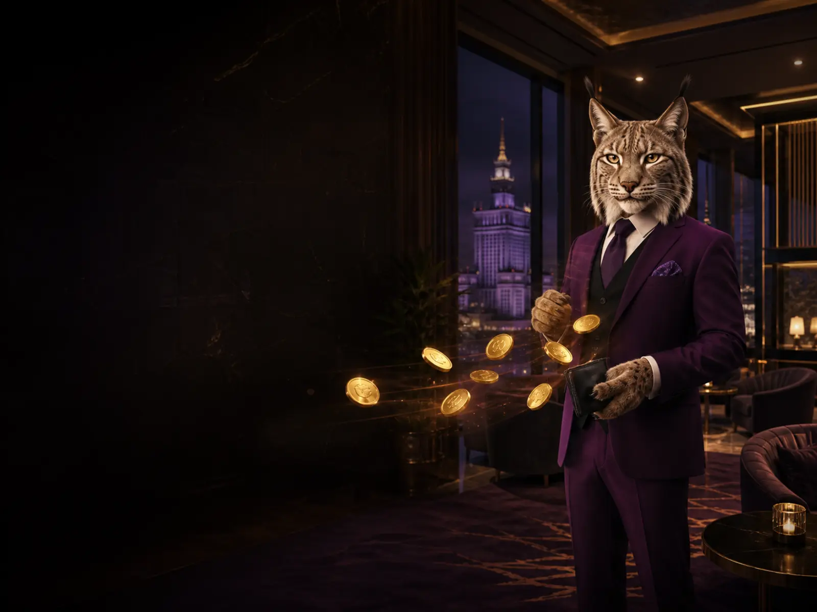 Maskotka rysia na tle nocnej Warszawy przedstawia cotygodniowy cashback