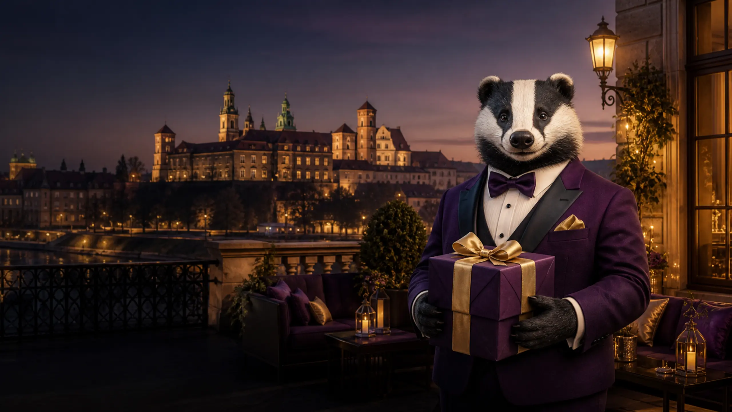 Maskotka borsuka z prezentem na tle Wawelu przedstawia bonusy Bizzo Casino w Polsce