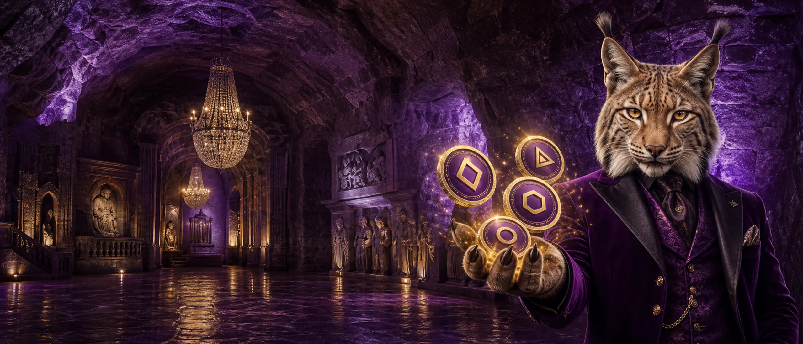 Maskotka rysia i złote tokeny w kopalni soli przedstawiają bonus kryptowalutowy