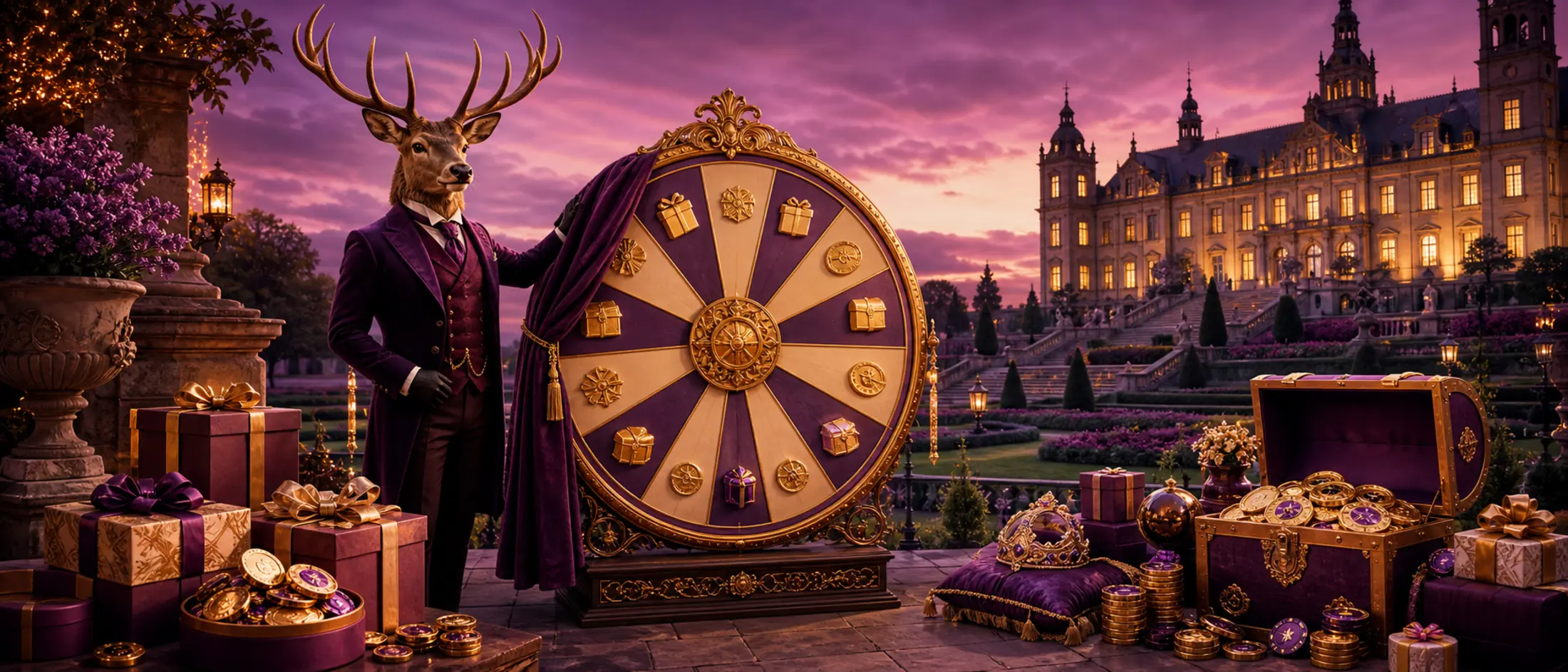 Maskotka jelenia przy kole nagród na tle polskiego zamku przedstawia bonusy Bizzo Casino