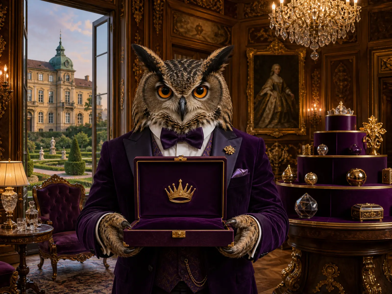 Maskotka sowy w pałacowym wnętrzu przedstawia program lojalnościowy VIP