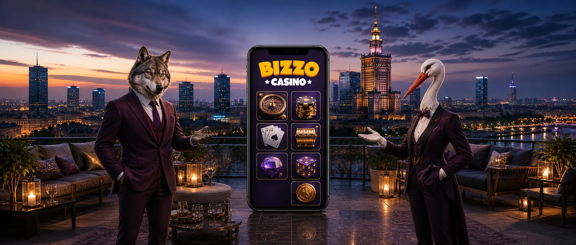 Aplikacja Bizzo Casino na telefonie między maskotkami wilka i bociana na tle Warszawy