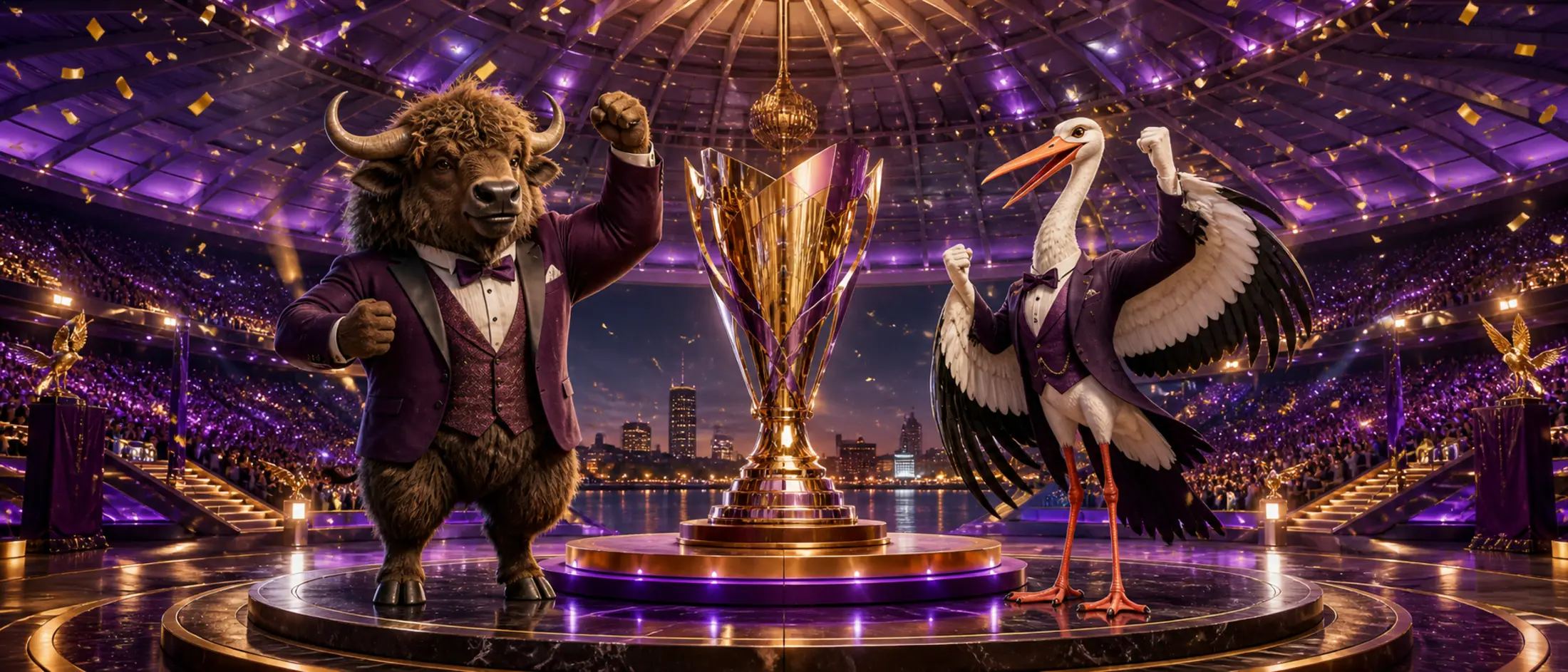 Maskotki żubra i bociana przy pucharze przedstawiają turnieje Bizzo Casino