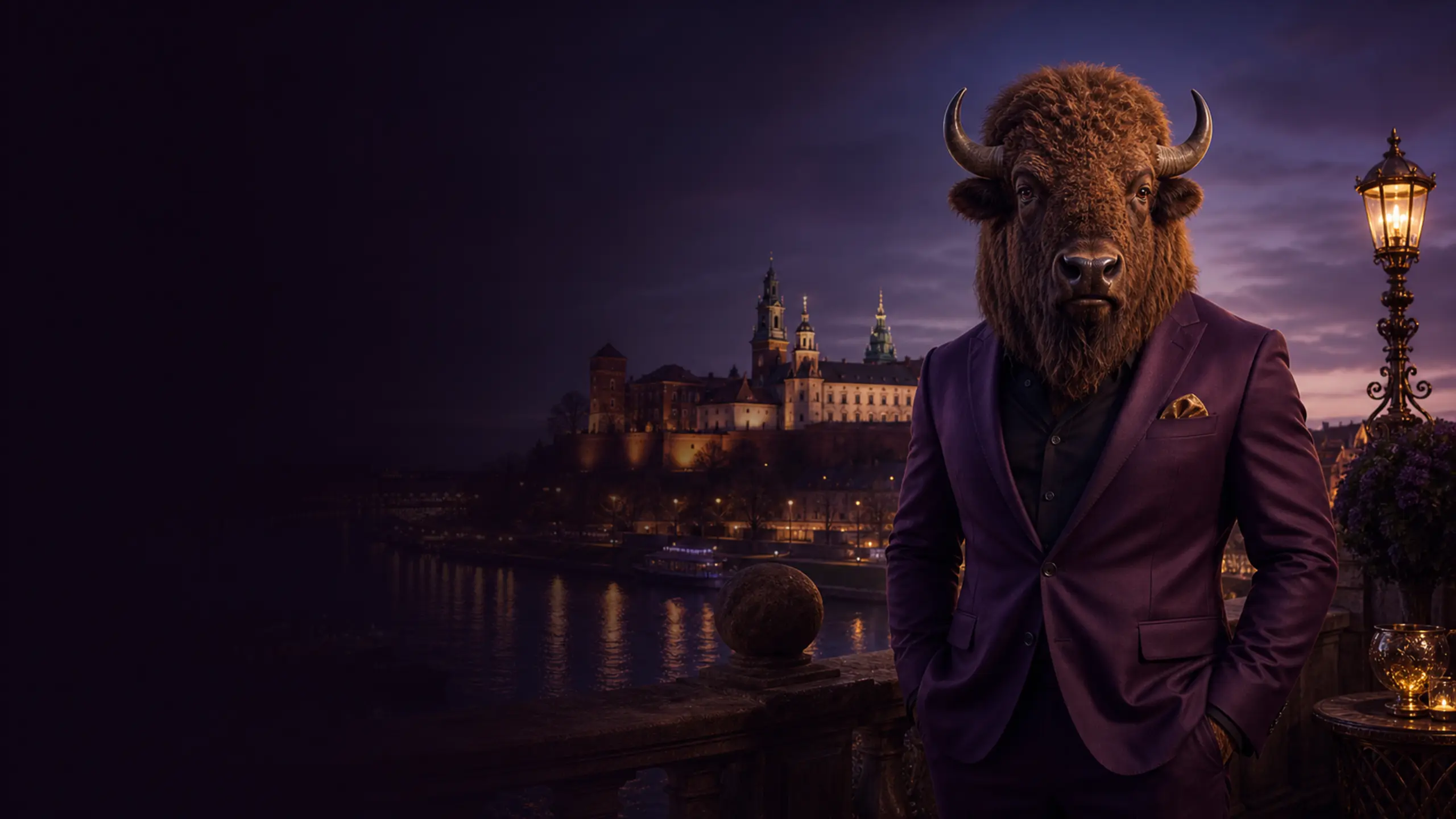 Bizzo Casino Polska – maskotka żubra w garniturze na tle Wawelu i Wisły